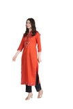 100 % Cotton Knee Length Embroidered Straight Kurti for Women - Red