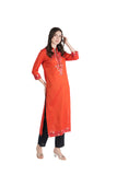 100 % Cotton Knee Length Embroidered Straight Kurti for Women - Red