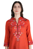 100 % Cotton Knee Length Embroidered Straight Kurti for Women - Red