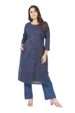 Women's 100% Cotton Straight Cut Kurta/Kurti with Gold Zari Weaving - Dark Blue