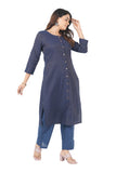 Women's 100% Cotton Straight Cut Kurta/Kurti with Gold Zari Weaving - Dark Blue