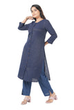 Women's 100% Cotton Straight Cut Kurta/Kurti with Gold Zari Weaving - Dark Blue