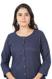 Women's 100% Cotton Straight Cut Kurta/Kurti with Gold Zari Weaving - Dark Blue