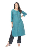 Women's 100% Cotton Straight Cut Kurta/Kurti with Gold Zari Weaving - Teal Blue