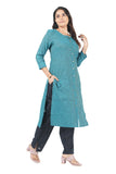 Women's 100% Cotton Straight Cut Kurta/Kurti with Gold Zari Weaving - Teal Blue