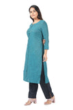 Women's 100% Cotton Straight Cut Kurta/Kurti with Gold Zari Weaving - Teal Blue