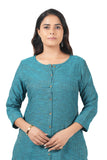 Women's 100% Cotton Straight Cut Kurta/Kurti with Gold Zari Weaving - Teal Blue