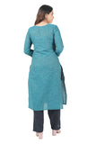 Women's 100% Cotton Straight Cut Kurta/Kurti with Gold Zari Weaving - Teal Blue