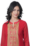Women's Georgette Straight Cut Round Neck Kurta / Kurti with Beautiful Embroidery Thread Work - Red & Gold