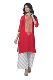 Women's Georgette Straight Cut Round Neck Kurta / Kurti with Beautiful Embroidery Thread Work - Red & Gold