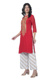 Women's Georgette Straight Cut Round Neck Kurta / Kurti with Beautiful Embroidery Thread Work - Red & Gold