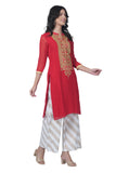 Women's Georgette Straight Cut Round Neck Kurta / Kurti with Beautiful Embroidery Thread Work - Red & Gold