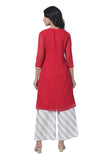 Women's Georgette Straight Cut Round Neck Kurta / Kurti with Beautiful Embroidery Thread Work - Red & Gold