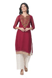 Women's Georgette Straight Cut Round Neck Kurta / Kurti with Beautiful Embroidery Thread Work - Red & Gold