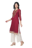 Women's Georgette Straight Cut Round Neck Kurta / Kurti with Beautiful Embroidery Thread Work - Red & Gold