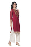 Women's Georgette Straight Cut Round Neck Kurta / Kurti with Beautiful Embroidery Thread Work - Red & Gold
