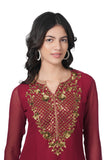 Women's Georgette Straight Cut Round Neck Kurta / Kurti with Beautiful Embroidery Thread Work - Red & Gold