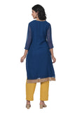Women's Georgette Straight Cut Round Neck Kurta / Kurti with Beautiful Embroidery Thread Work - Blue & Gold