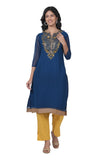 Women's Georgette Straight Cut Round Neck Kurta / Kurti with Beautiful Embroidery Thread Work - Blue & Gold
