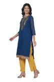 Women's Georgette Straight Cut Round Neck Kurta / Kurti with Beautiful Embroidery Thread Work - Blue & Gold