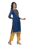Women's Georgette Straight Cut Round Neck Kurta / Kurti with Beautiful Embroidery Thread Work - Blue & Gold