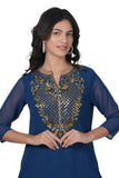 Women's Georgette Straight Cut Round Neck Kurta / Kurti with Beautiful Embroidery Thread Work - Blue & Gold