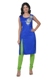 Women's Georgette Straight Cut Round Neck Kurta / Kurti Sleeveless (Comes with attachable sleeves) with Beautiful Embroidery Thread Work - Blue