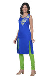 Women's Georgette Straight Cut Round Neck Kurta / Kurti Sleeveless (Comes with attachable sleeves) with Beautiful Embroidery Thread Work - Blue
