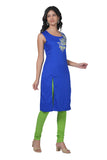 Women's Georgette Straight Cut Round Neck Kurta / Kurti Sleeveless (Comes with attachable sleeves) with Beautiful Embroidery Thread Work - Blue
