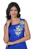 Women's Georgette Straight Cut Round Neck Kurta / Kurti Sleeveless (Comes with attachable sleeves) with Beautiful Embroidery Thread Work - Blue