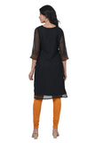 Women's Georgette Straight Cut Round Neck Kurta / Kurti with Beautiful Embroidery Thread Work - Black