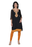 Women's Georgette Straight Cut Round Neck Kurta / Kurti with Beautiful Embroidery Thread Work - Black