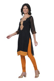Women's Georgette Straight Cut Round Neck Kurta / Kurti with Beautiful Embroidery Thread Work - Black