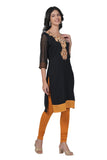 Women's Georgette Straight Cut Round Neck Kurta / Kurti with Beautiful Embroidery Thread Work - Black