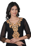Women's Georgette Straight Cut Round Neck Kurta / Kurti with Beautiful Embroidery Thread Work - Black