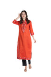 100 % Cotton Knee Length Embroidered Straight Kurti for Women - Red
