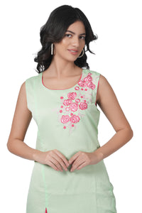 Women's Georgette Straight Cut Round Neck Kurta / Kurti Sleeveless (Comes with attachable sleeves) with Beautiful Embroidery Thread Work - Light Green & Pink