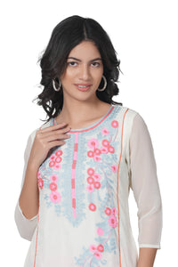 Women's Georgette Straight Cut Round Neck Kurta / Kurti with Beautiful Embroidery Thread Work - Off White
