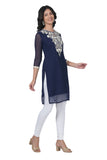 Women's Georgette Straight Cut Round Neck Kurta / Kurti with Beautiful Embroidery Thread Work - Navy & White